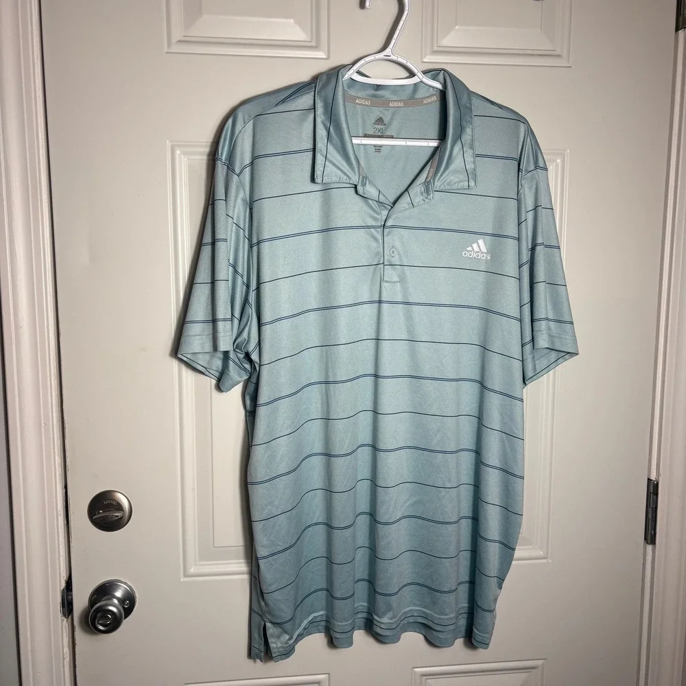 Adidas Golf Mens 2XL Light Blue Striped Performance Polo Shirt ADVR0793